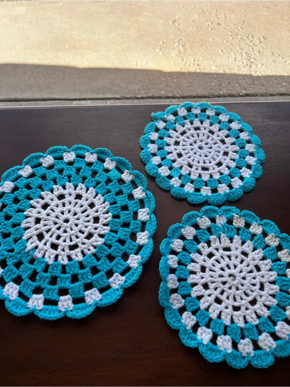Handmade White and Teal Crochet Coasters and Doily Set